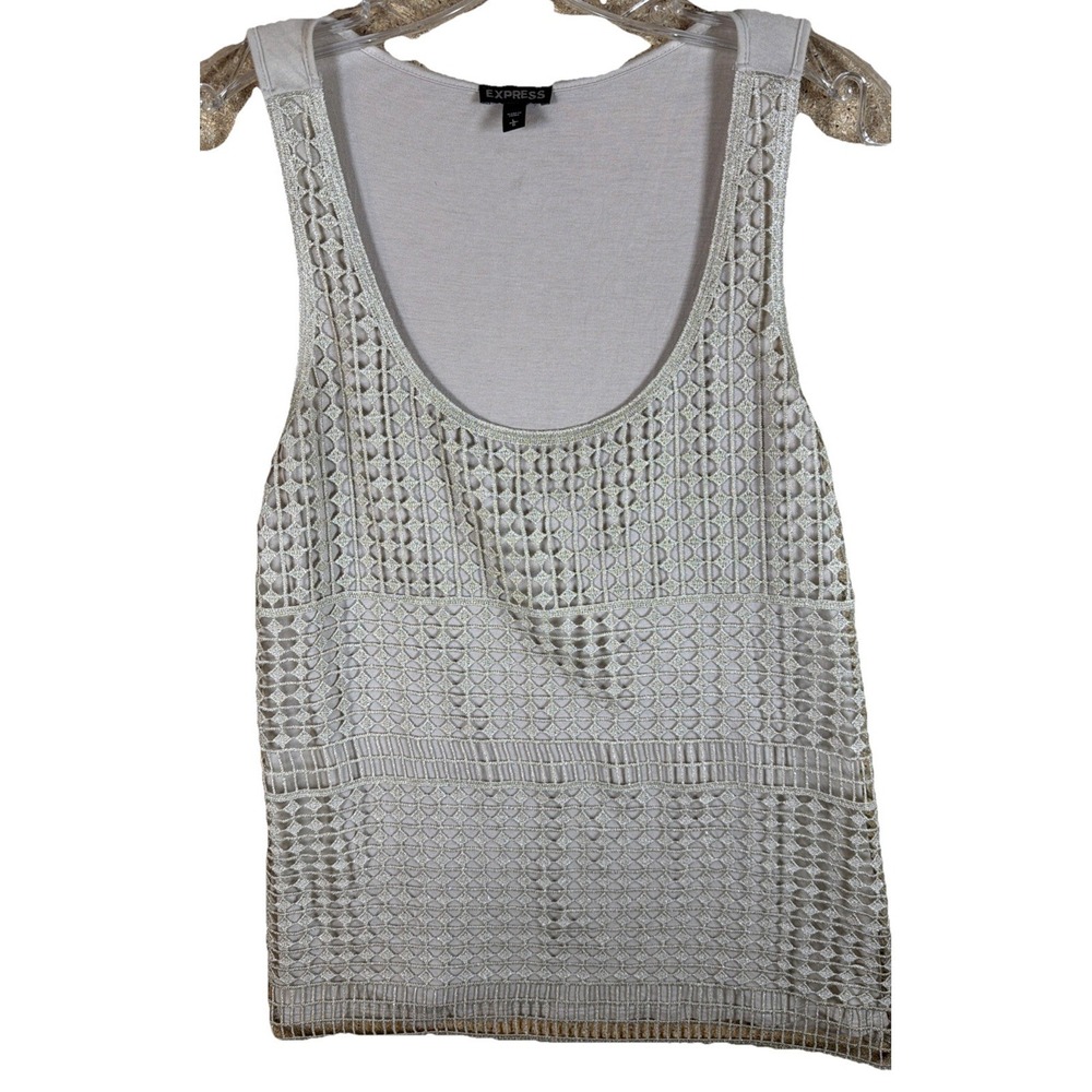 Express Womens Large Tank Top Beige Gold Metallic Crochet Overlay Scoop Neck